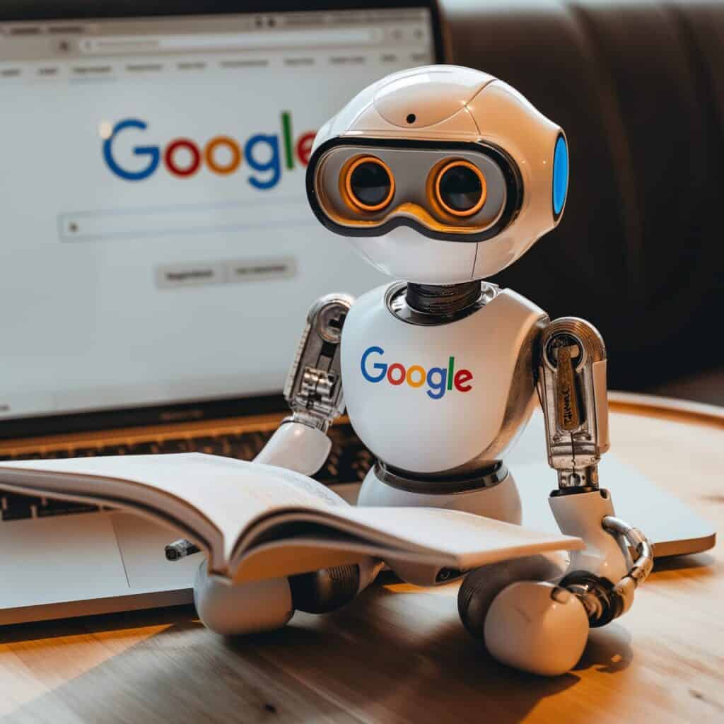 A small, cute robot with "Google" branding is reading an open book, with a laptop displaying the Google search homepage in the background.