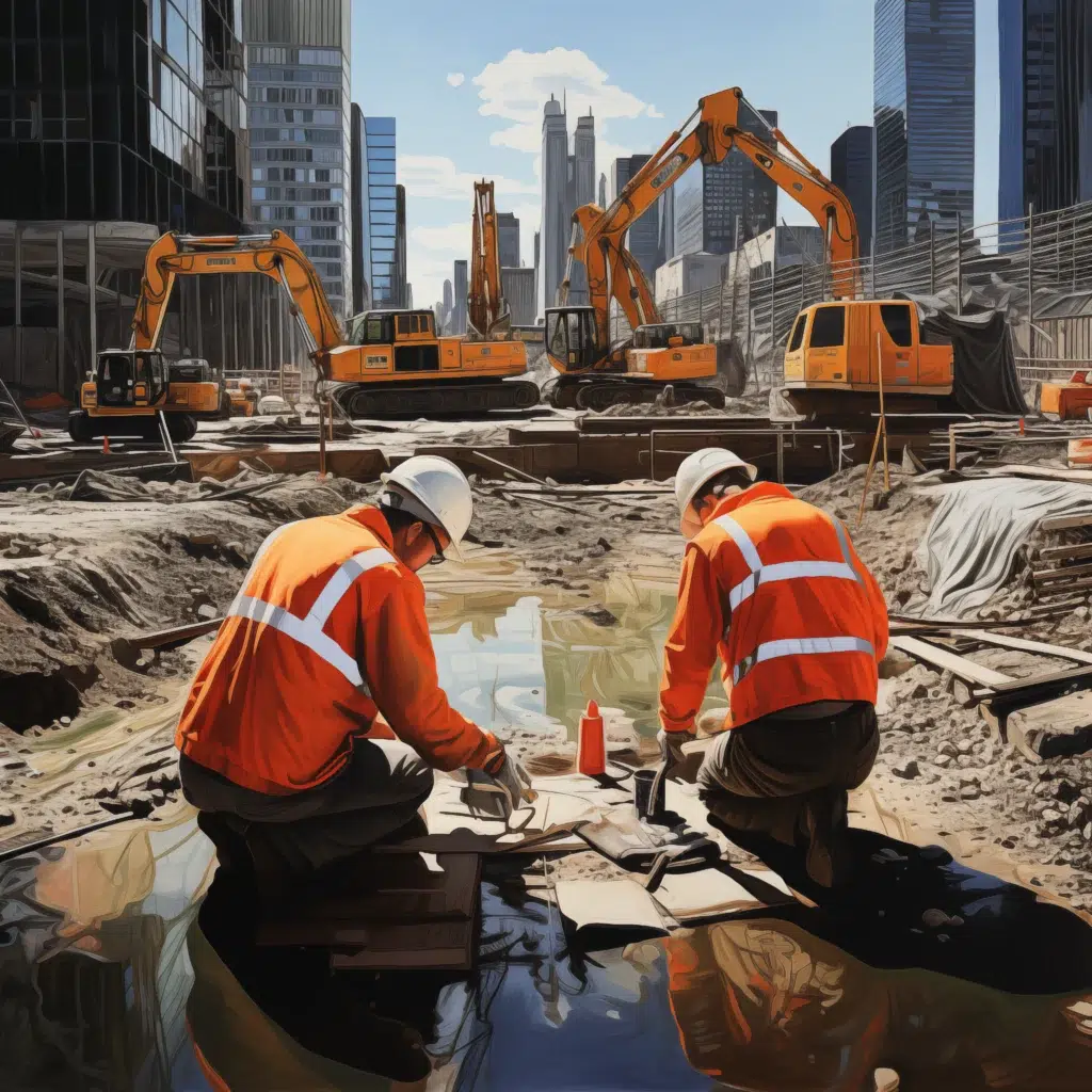 Two construction workers in orange safety vests and white helmets work on a construction site in a city, surrounded by heavy machinery and skyscrapers in the background.